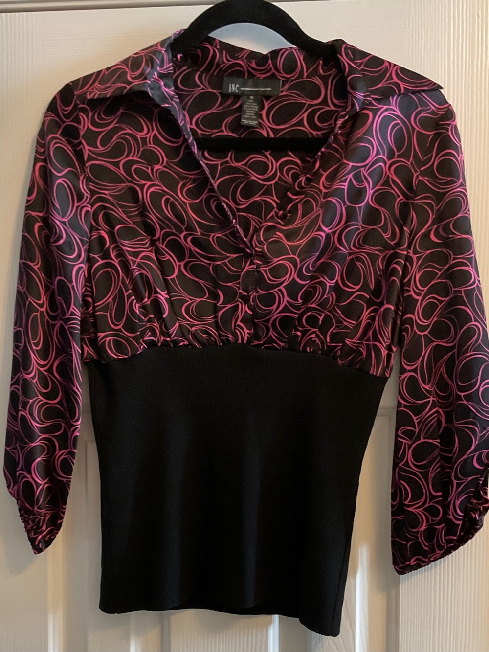 INC International Concepts Black Top with Pink Swirl Satin Bodice, M